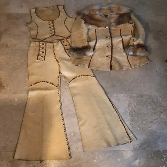 North Beach Leather Jacket, Vest, Pants 3 Piece Matching Set 70s Vintage Hippie - Picture 1 of 10